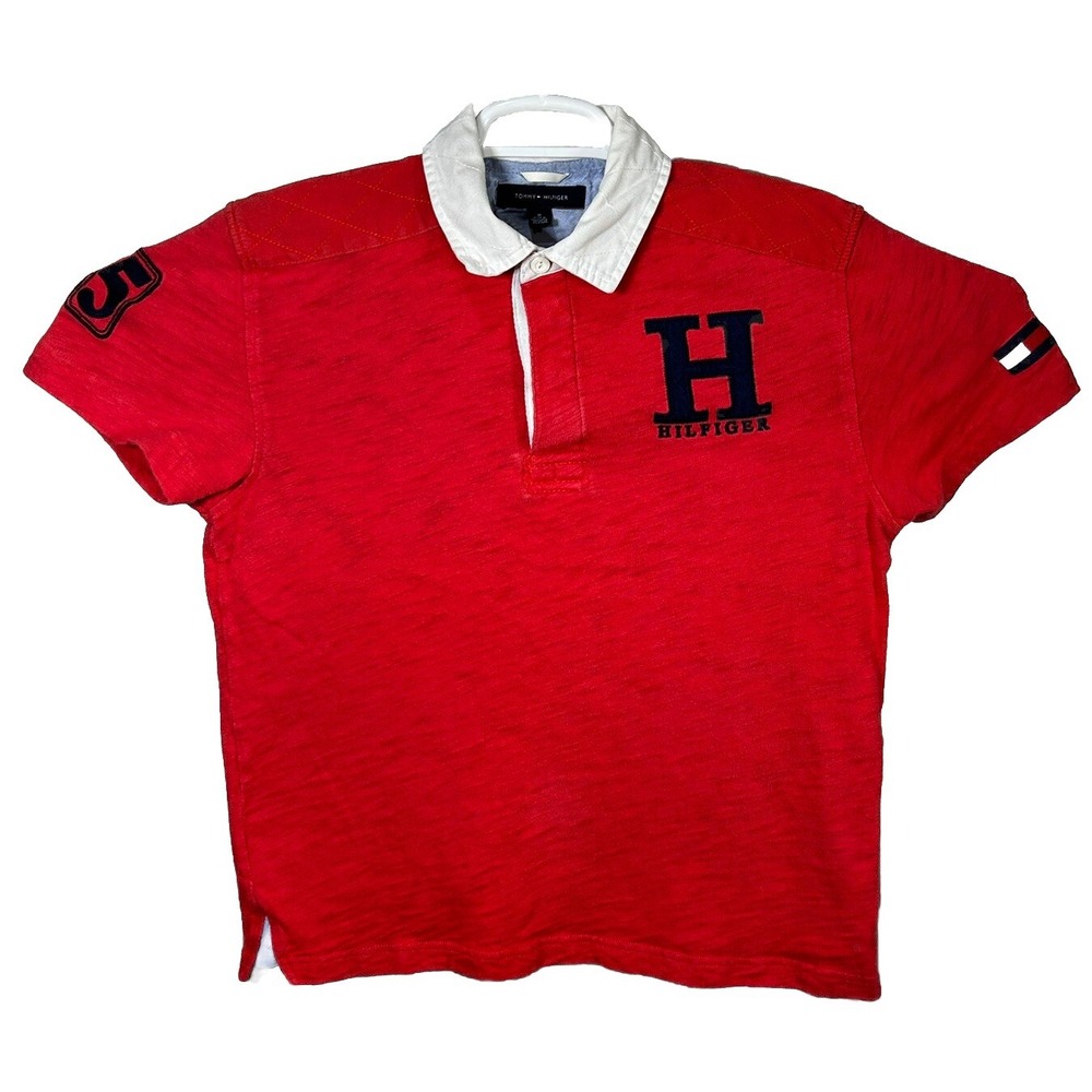 Tommy Hilfiger Polo Shirt Size Medium Red Cotton Short Sleeve Logo Embroidered